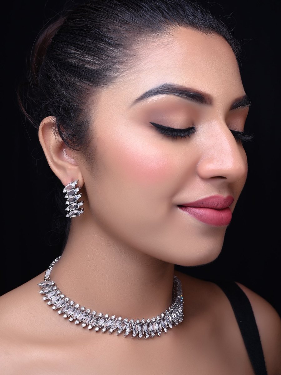 Salma American Diamond Silver Plated Necklace Set - House of Sarvati LLC
