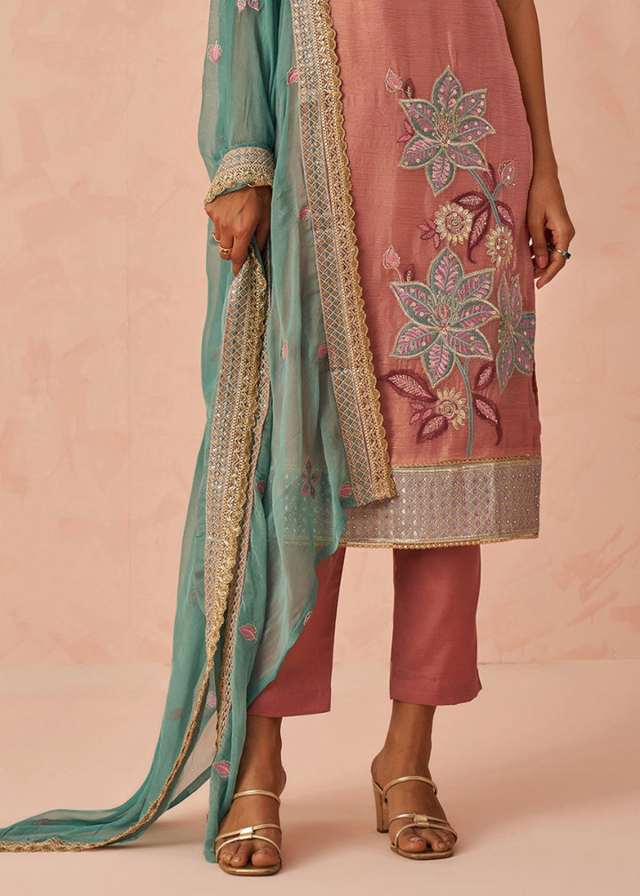 Salmon Pink Crush Organza Salwar Suit with Floral Embroidery work - House of Sarvati LLC
