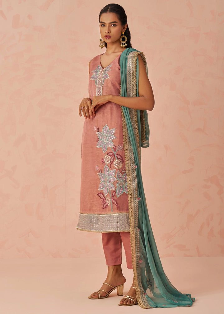 Salmon Pink Crush Organza Salwar Suit with Floral Embroidery work - House of Sarvati LLC