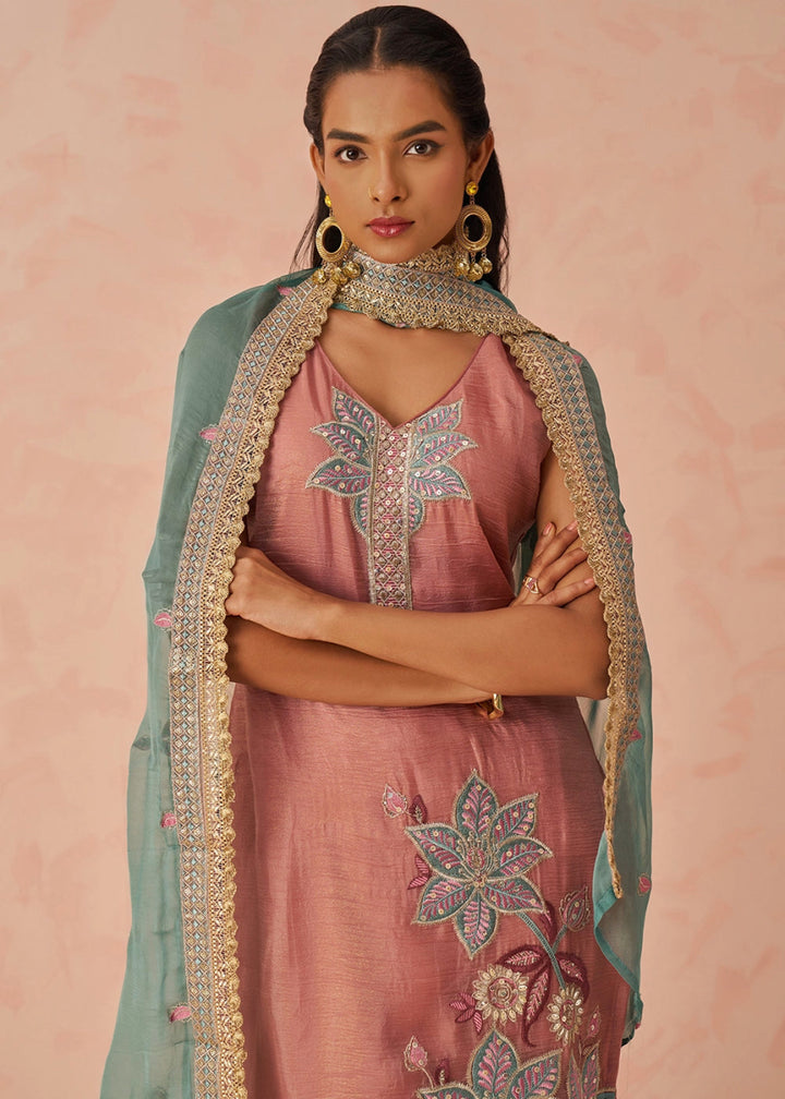 Salmon Pink Crush Organza Salwar Suit with Floral Embroidery work - House of Sarvati LLC