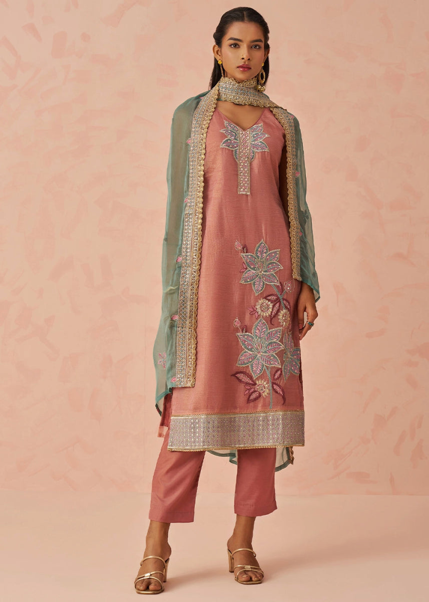 Salmon Pink Crush Organza Salwar Suit with Floral Embroidery work - House of Sarvati LLC