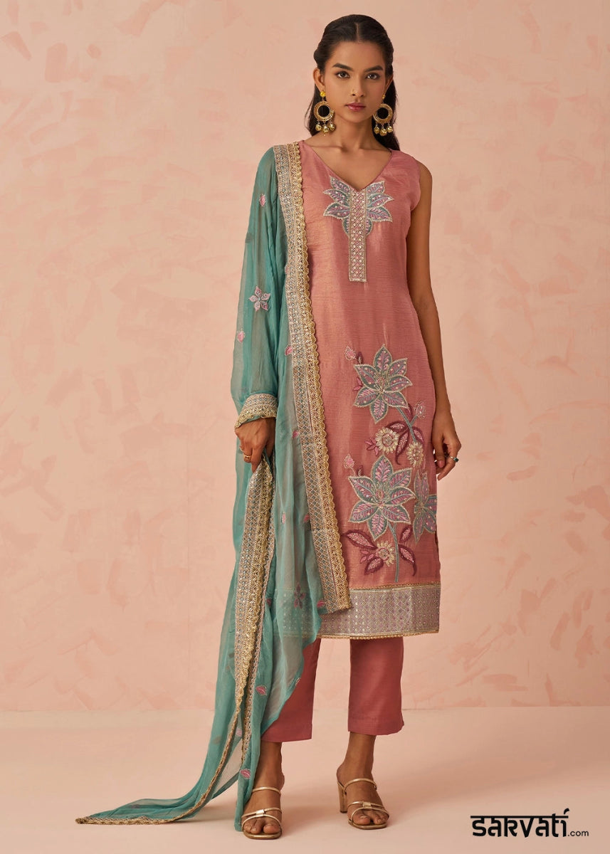 Salmon Pink Crush Organza Salwar Suit with Floral Embroidery work - House of Sarvati LLC