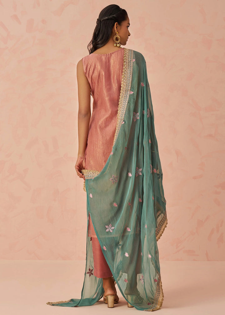 Salmon Pink Crush Organza Salwar Suit with Floral Embroidery work - House of Sarvati LLC