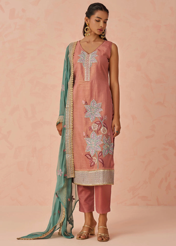 Salmon Pink Crush Organza Salwar Suit with Floral Embroidery work - House of Sarvati LLC