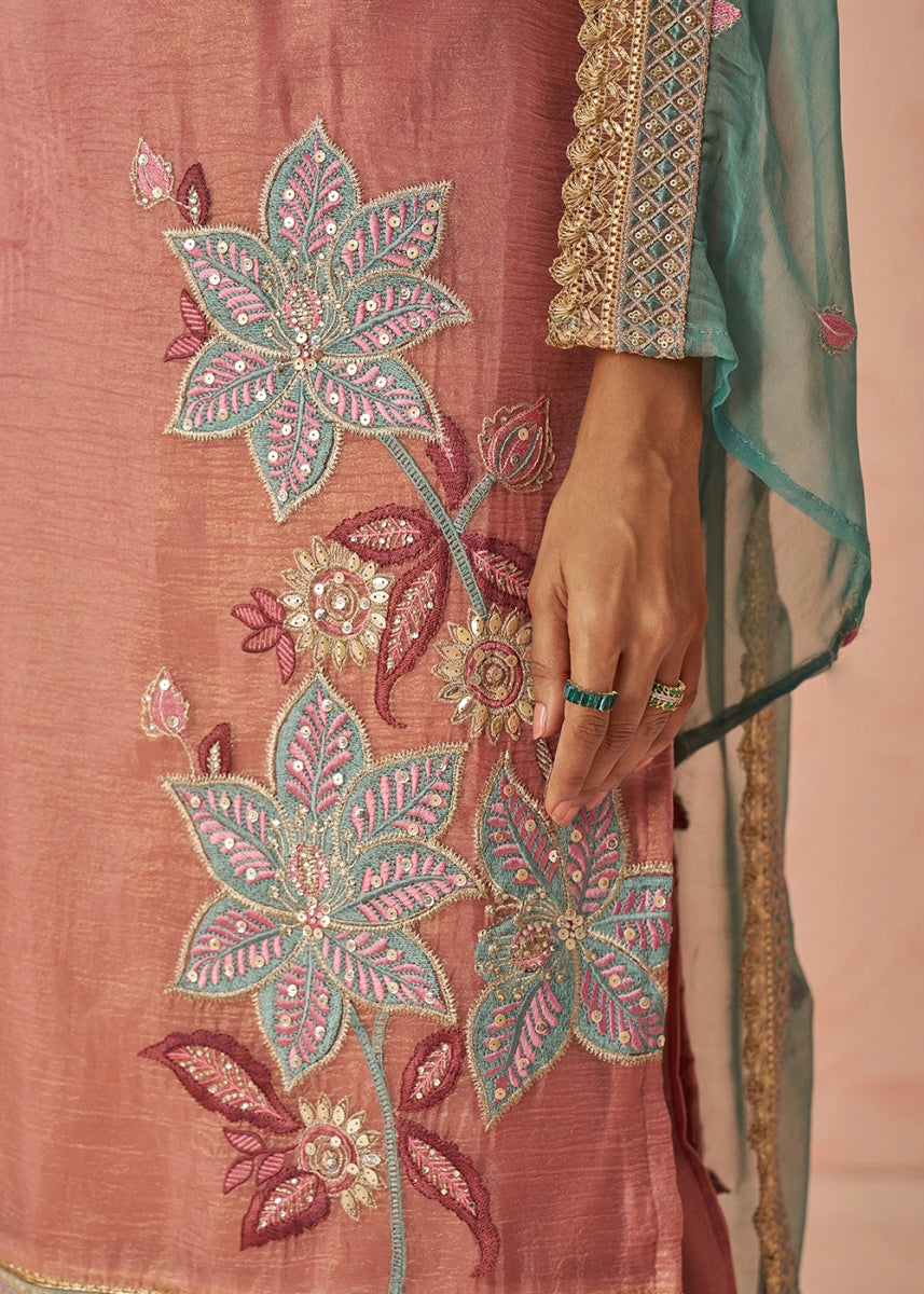 Salmon Pink Crush Organza Salwar Suit with Floral Embroidery work - House of Sarvati LLC