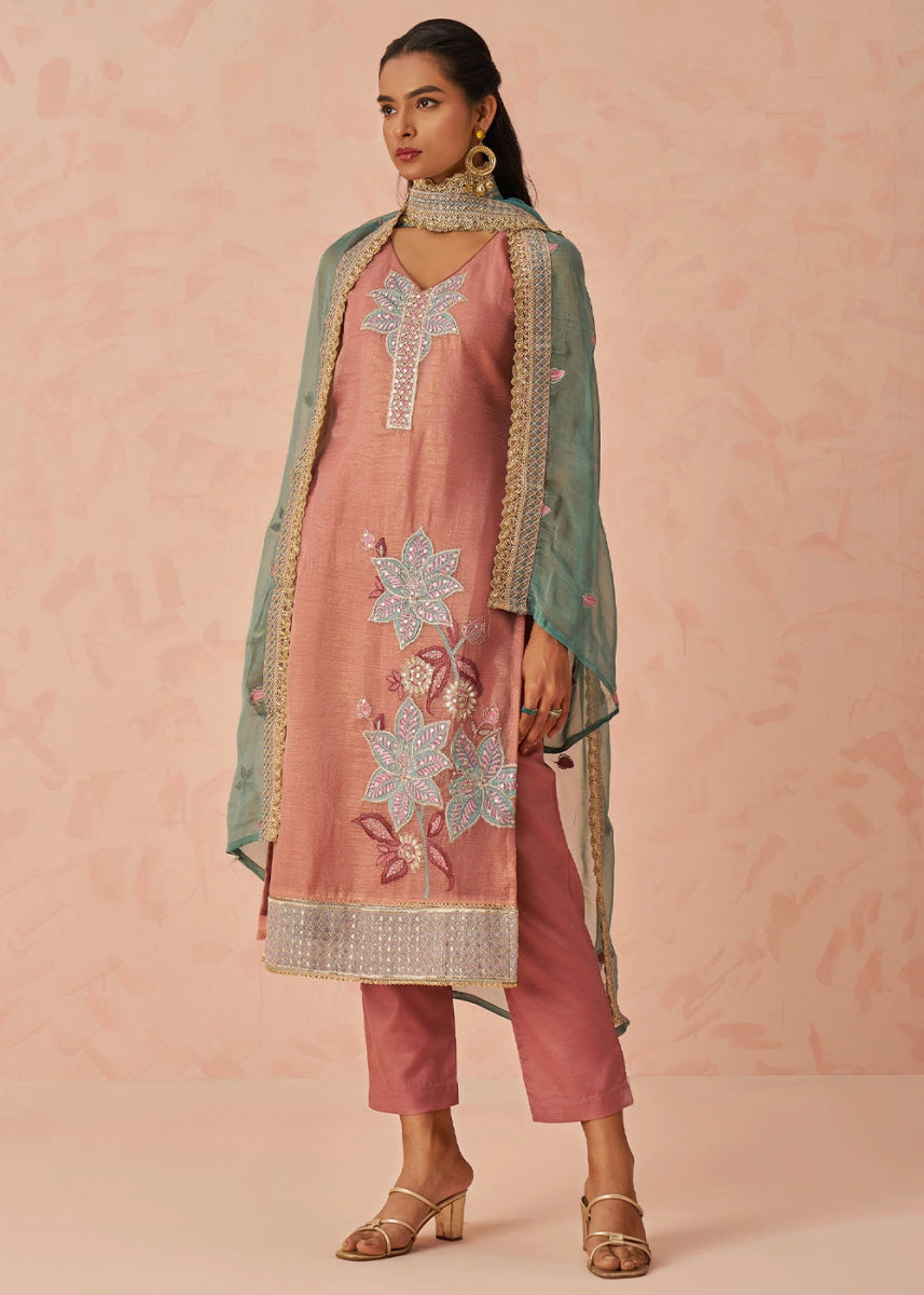 Salmon Pink Crush Organza Salwar Suit with Floral Embroidery work - House of Sarvati LLC