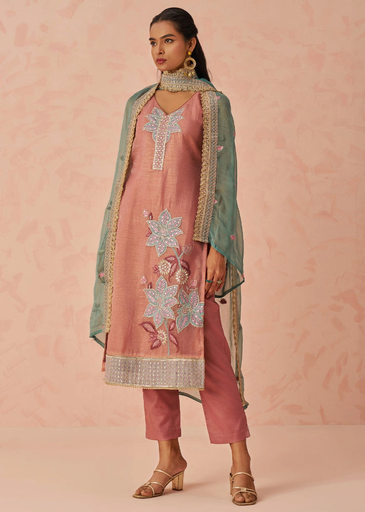 Salmon Pink Crush Organza Salwar Suit with Floral Embroidery work - House of Sarvati LLC