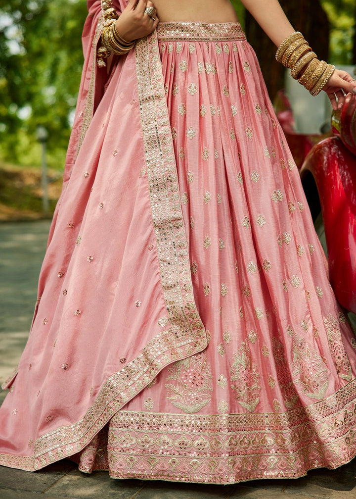 Salmon Pink Lehenga Choli with Floral Sequin Detailing on Chiffon Silk - House of Sarvati LLC