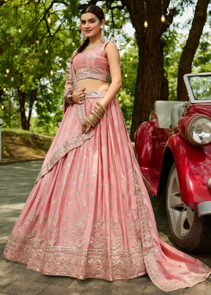 Salmon Pink Lehenga Choli with Floral Sequin Detailing on Chiffon Silk - House of Sarvati LLC