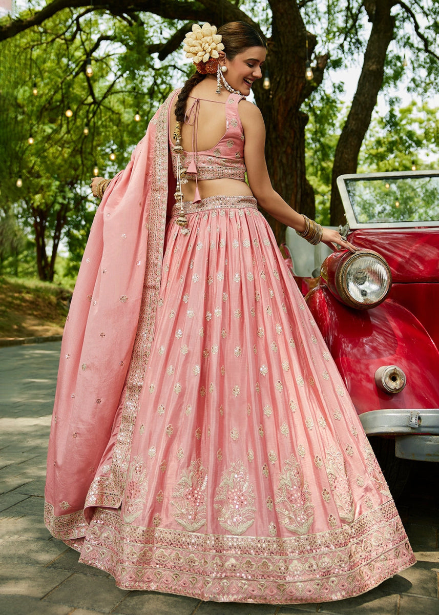 Salmon Pink Lehenga Choli with Floral Sequin Detailing on Chiffon Silk - House of Sarvati LLC