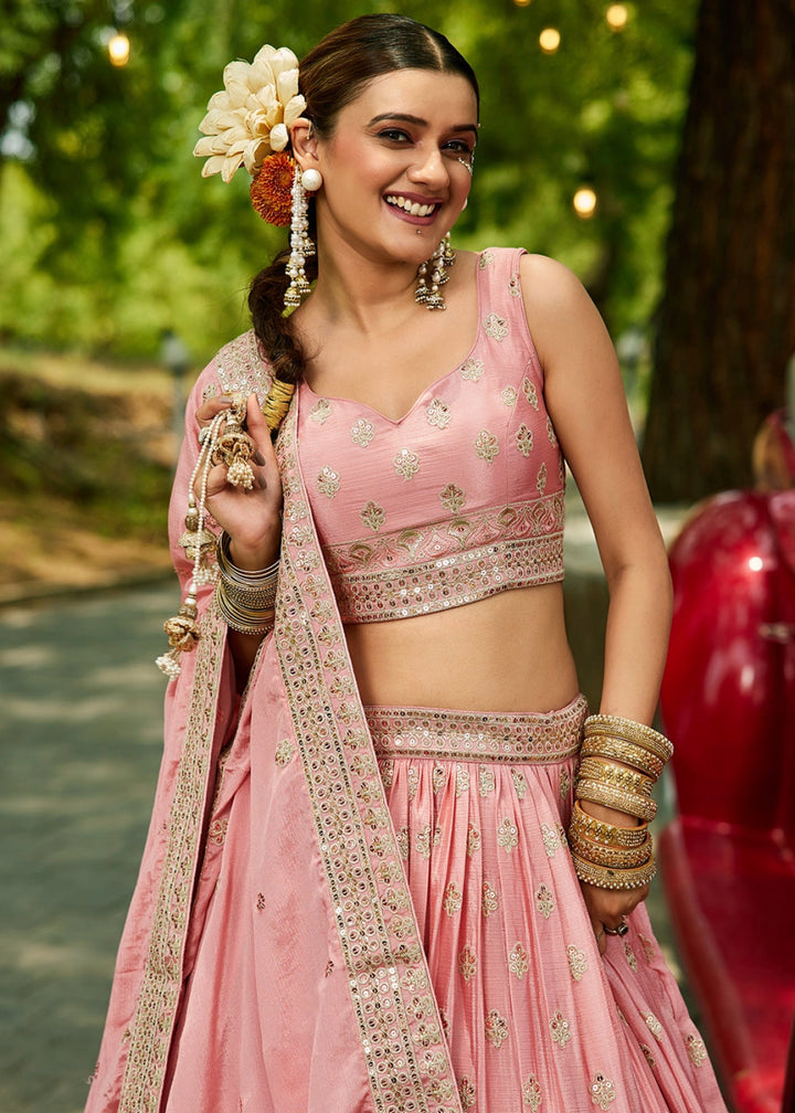 Salmon Pink Lehenga Choli with Floral Sequin Detailing on Chiffon Silk - House of Sarvati LLC