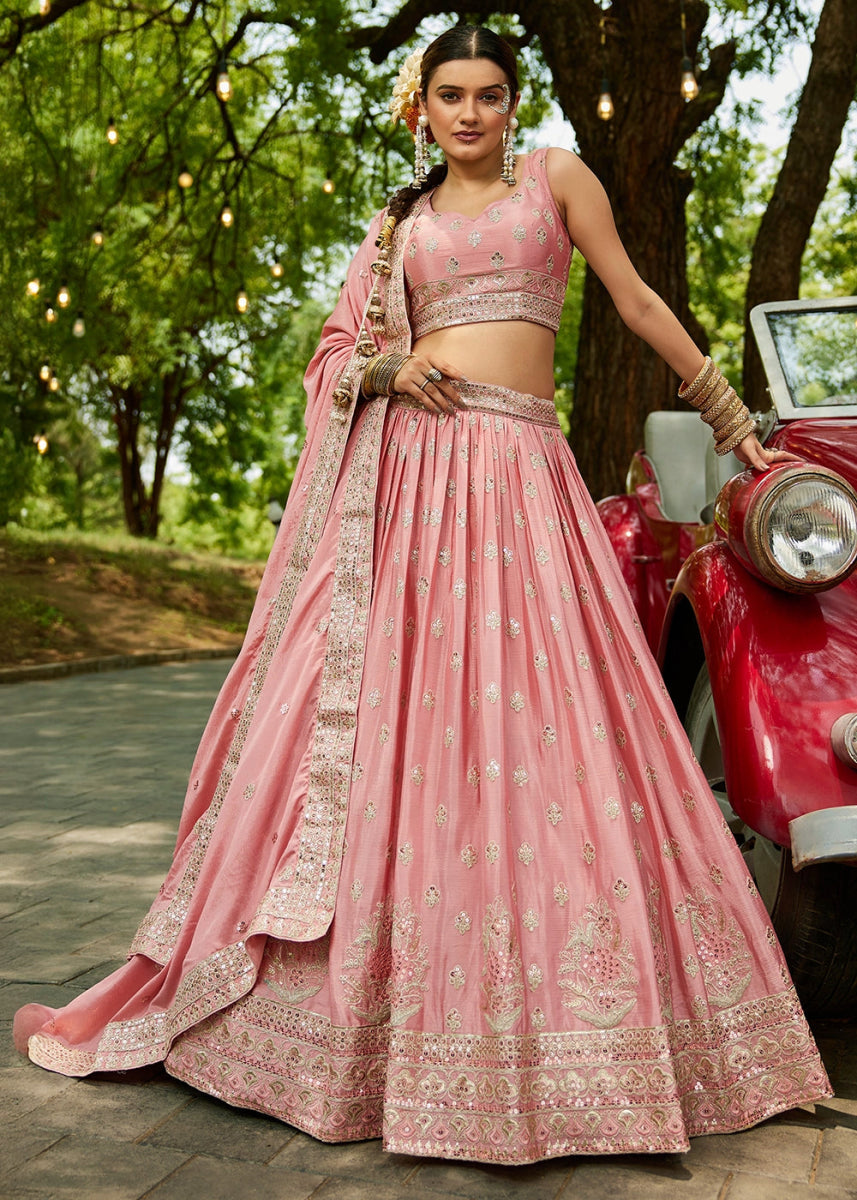 Salmon Pink Lehenga Choli with Floral Sequin Detailing on Chiffon Silk - House of Sarvati LLC