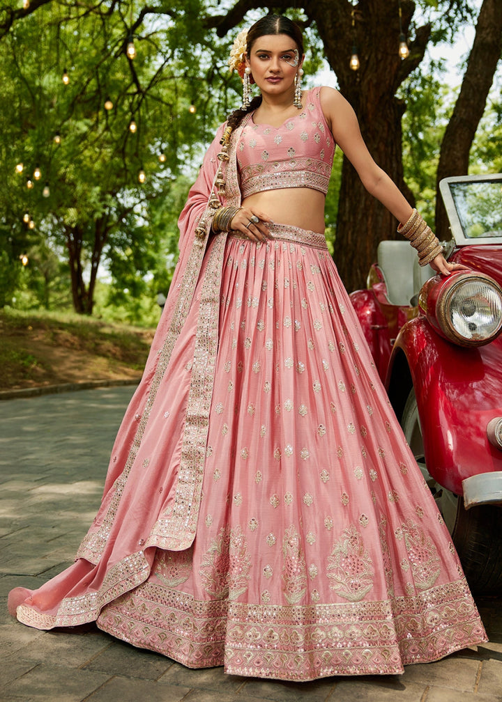 Salmon Pink Lehenga Choli with Floral Sequin Detailing on Chiffon Silk - House of Sarvati LLC