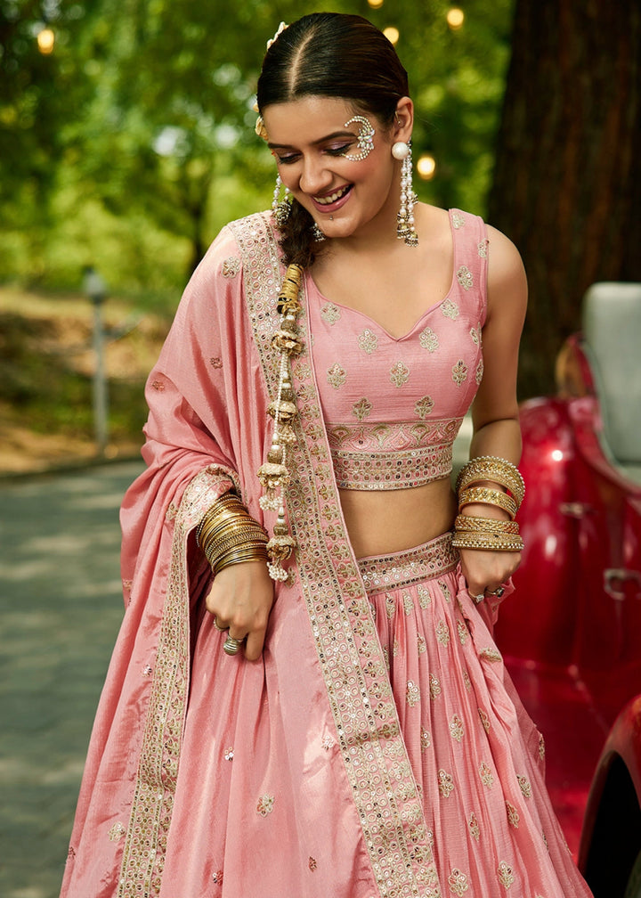 Salmon Pink Lehenga Choli with Floral Sequin Detailing on Chiffon Silk - House of Sarvati LLC
