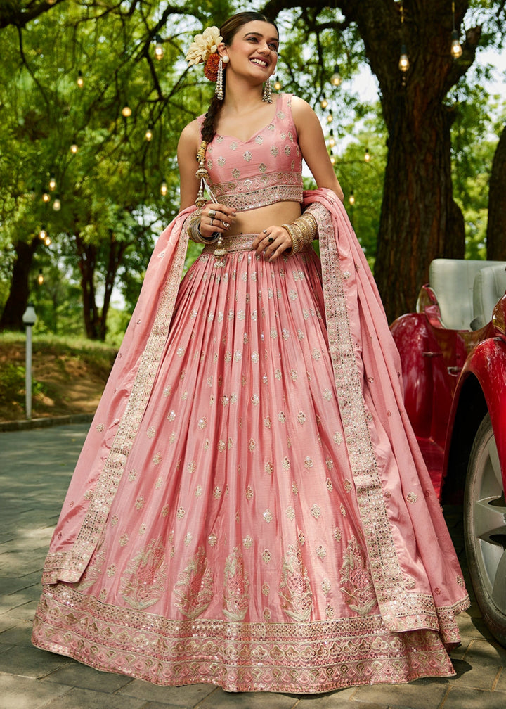 Salmon Pink Lehenga Choli with Floral Sequin Detailing on Chiffon Silk - House of Sarvati LLC