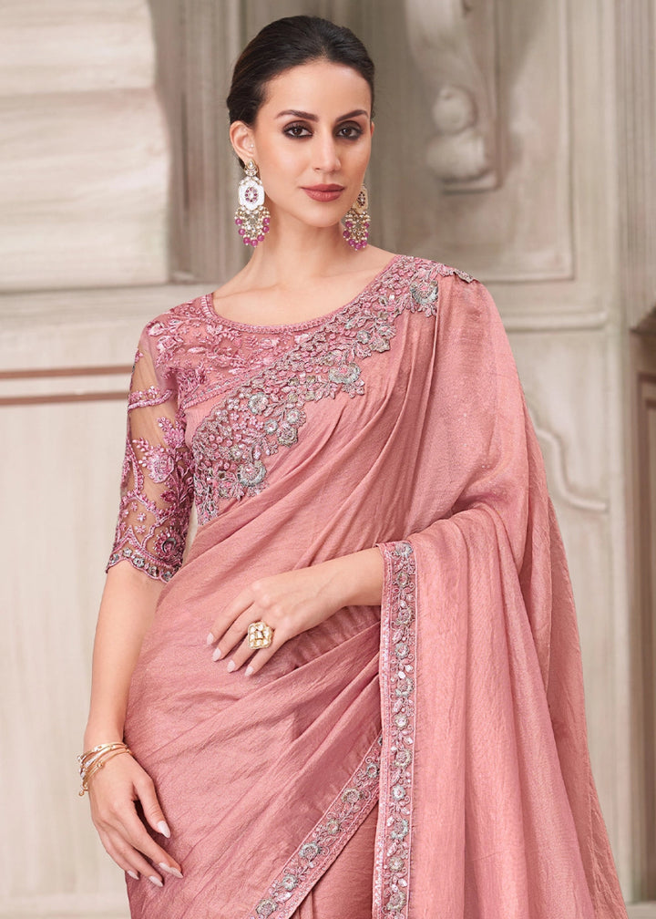 Salmon Pink Satin Georgette Saree With Detailed Embroidery And Luxe Appeal - House of Sarvati LLC
