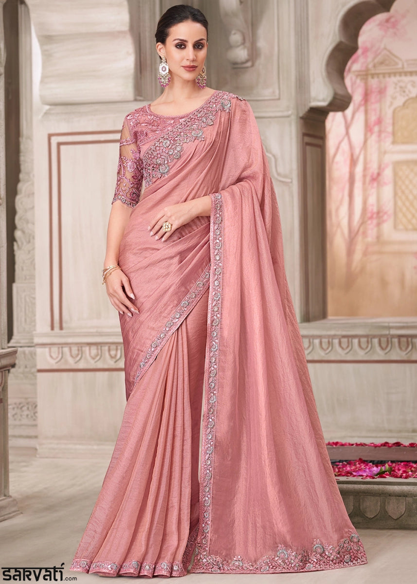 Salmon Pink Satin Georgette Saree With Detailed Embroidery And Luxe Appeal - House of Sarvati LLC
