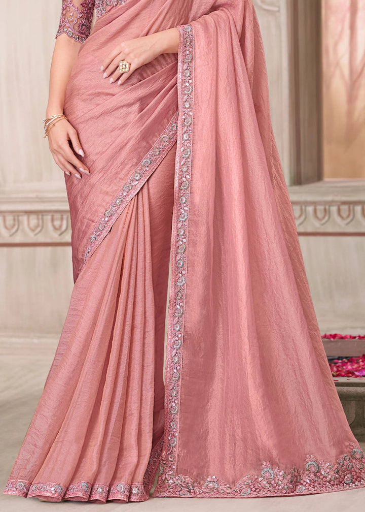 Salmon Pink Satin Georgette Saree With Detailed Embroidery And Luxe Appeal - House of Sarvati LLC