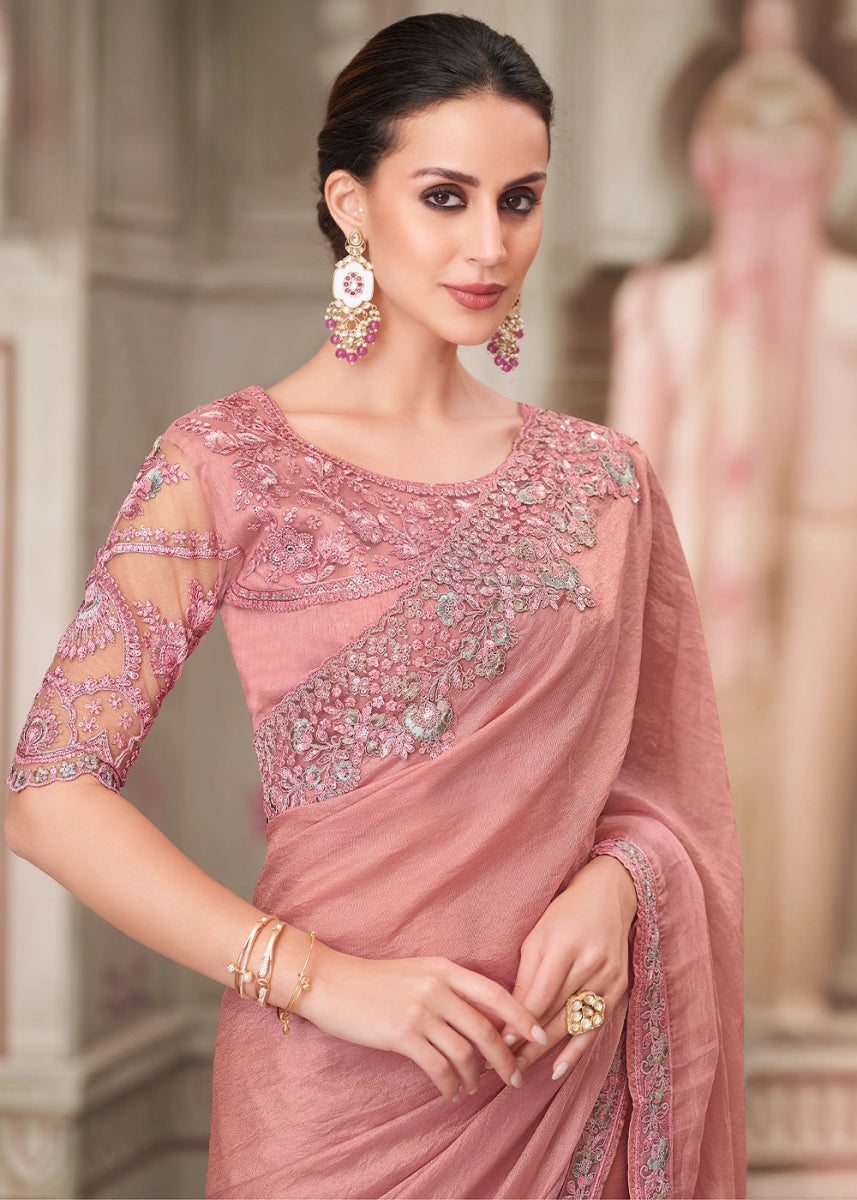 Salmon Pink Satin Georgette Saree With Detailed Embroidery And Luxe Appeal - House of Sarvati LLC