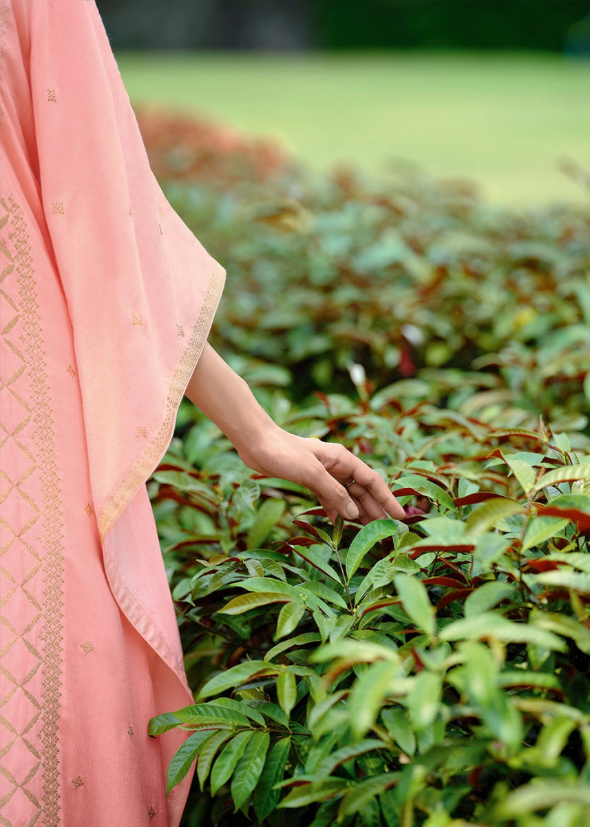 Salmon Pink Viscose Silk Kaftan Set with Handcrafted Details - House of Sarvati LLC