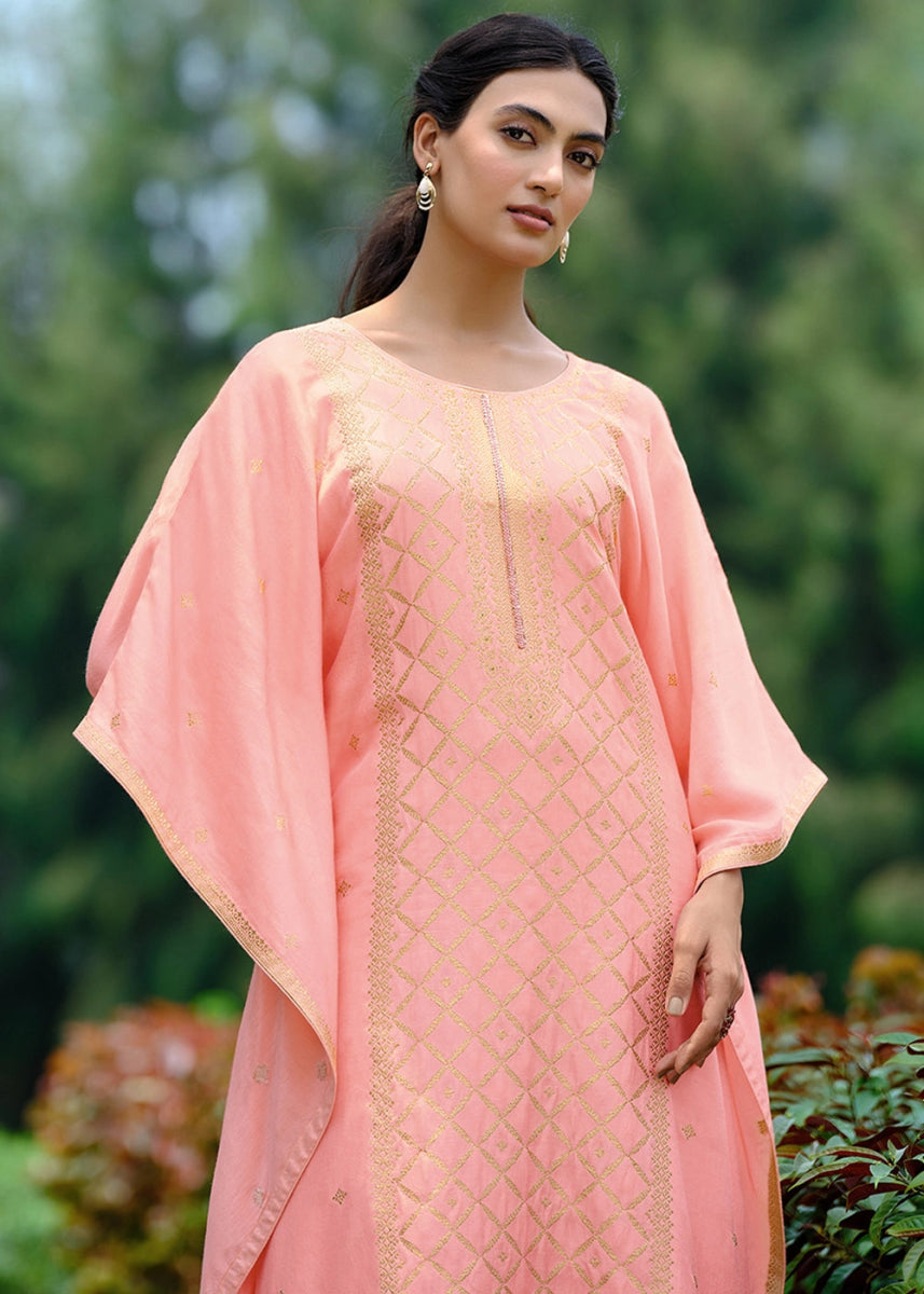Salmon Pink Viscose Silk Kaftan Set with Handcrafted Details - House of Sarvati LLC