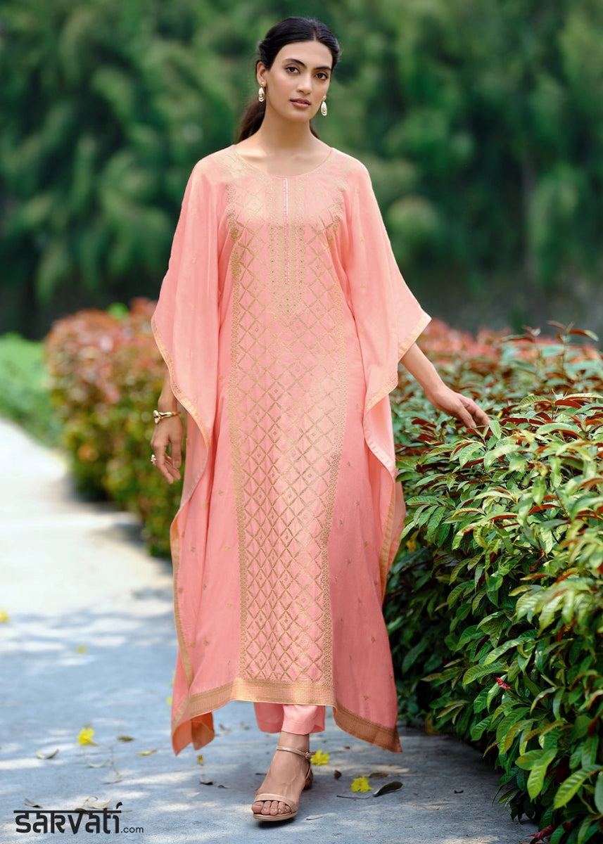 Salmon Pink Viscose Silk Kaftan Set with Handcrafted Details - House of Sarvati LLC