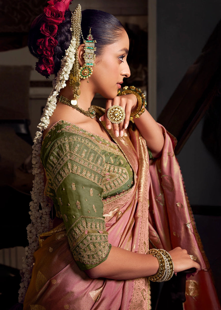 Salmon Pink Viscose Tissue Silk Saree with Handcrafted Pallu and Embroidered Blouse - House of Sarvati LLC