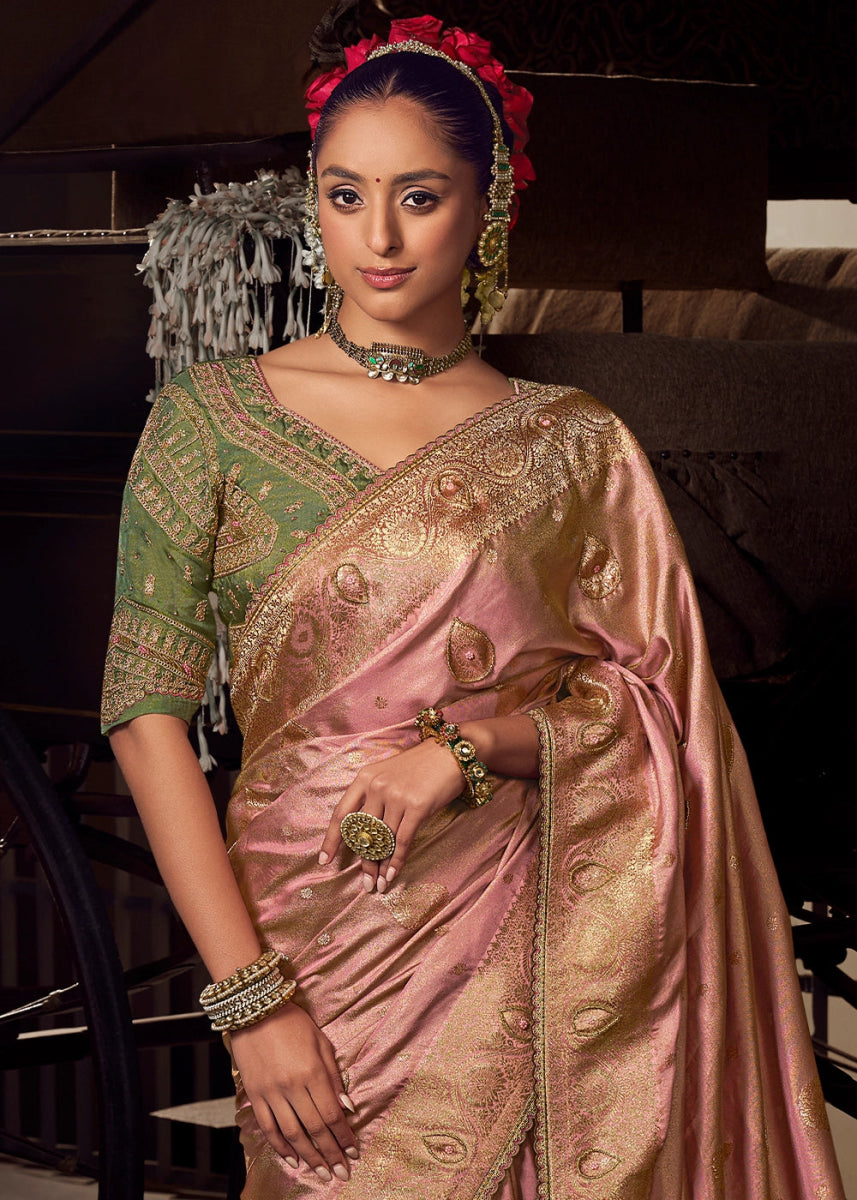 Salmon Pink Viscose Tissue Silk Saree with Handcrafted Pallu and Embroidered Blouse - House of Sarvati LLC