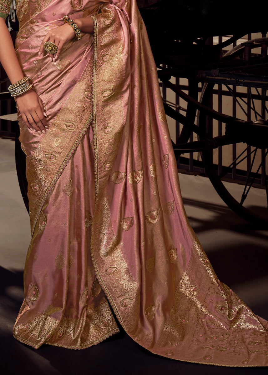 Salmon Pink Viscose Tissue Silk Saree with Handcrafted Pallu and Embroidered Blouse - House of Sarvati LLC