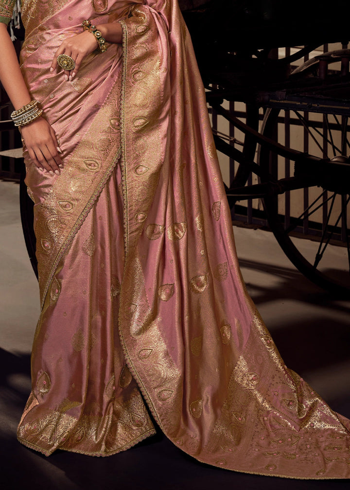 Salmon Pink Viscose Tissue Silk Saree with Handcrafted Pallu and Embroidered Blouse - House of Sarvati LLC