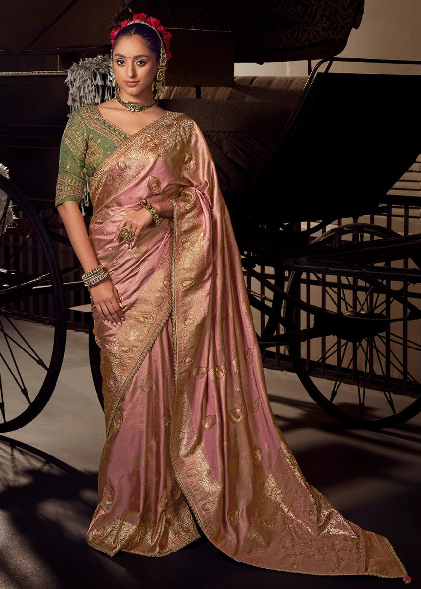 Salmon Pink Viscose Tissue Silk Saree with Handcrafted Pallu and Embroidered Blouse - House of Sarvati LLC