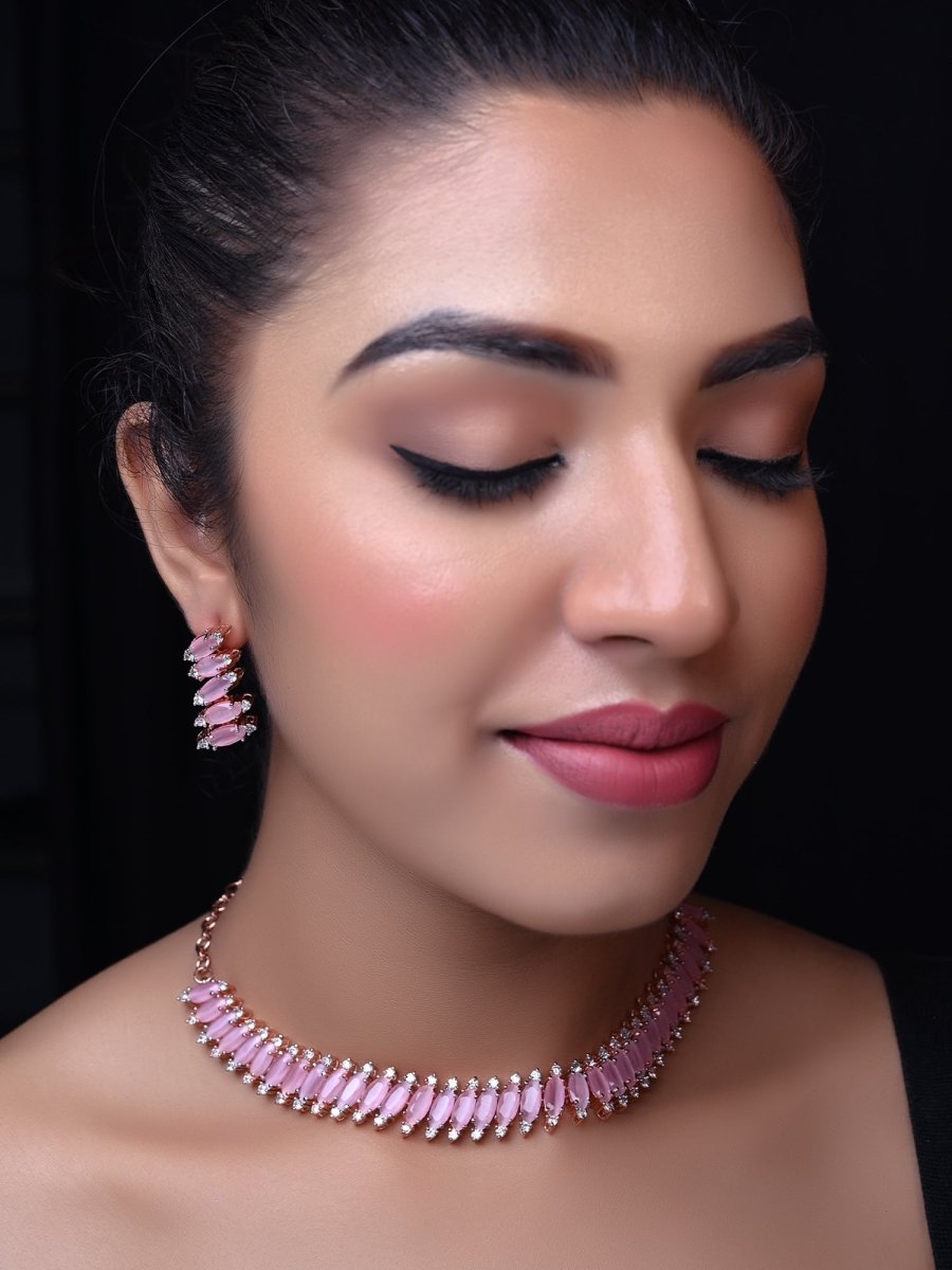 Samaira Pink American Diamond Rose Gold Plated Necklace Set - House of Sarvati LLC