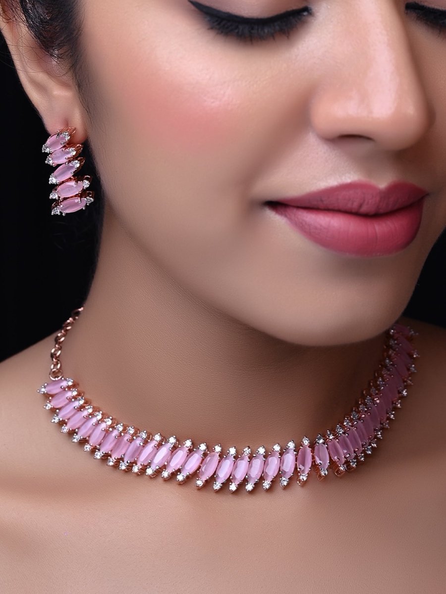 Samaira Pink American Diamond Rose Gold Plated Necklace Set - House of Sarvati LLC