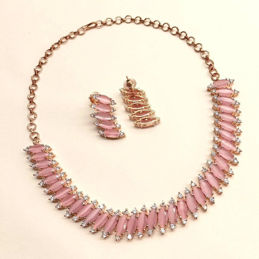 Samaira Pink American Diamond Rose Gold Plated Necklace Set - House of Sarvati LLC