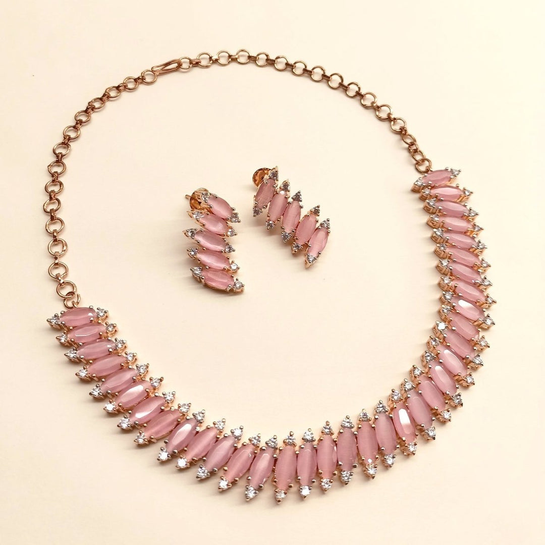 Samaira Pink American Diamond Rose Gold Plated Necklace Set - House of Sarvati LLC