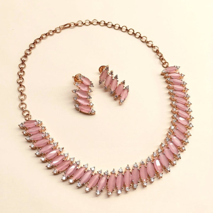 Samaira Pink American Diamond Rose Gold Plated Necklace Set - House of Sarvati LLC