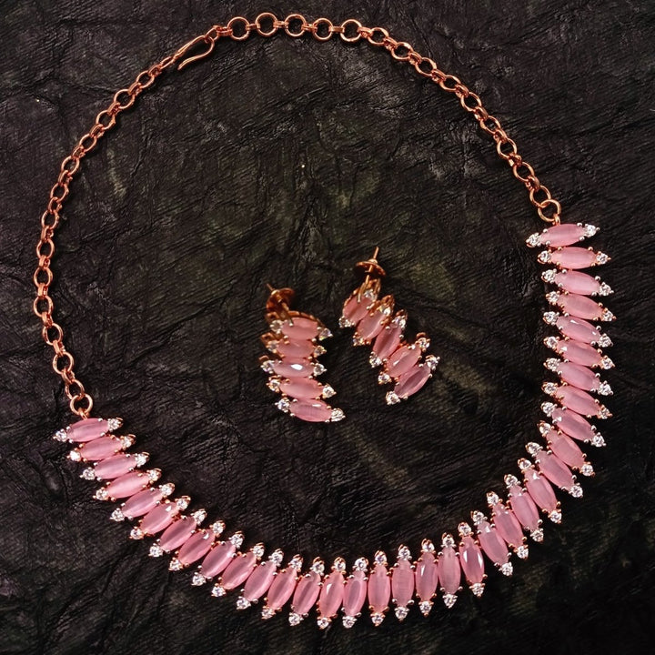 Samaira Pink American Diamond Rose Gold Plated Necklace Set - House of Sarvati LLC