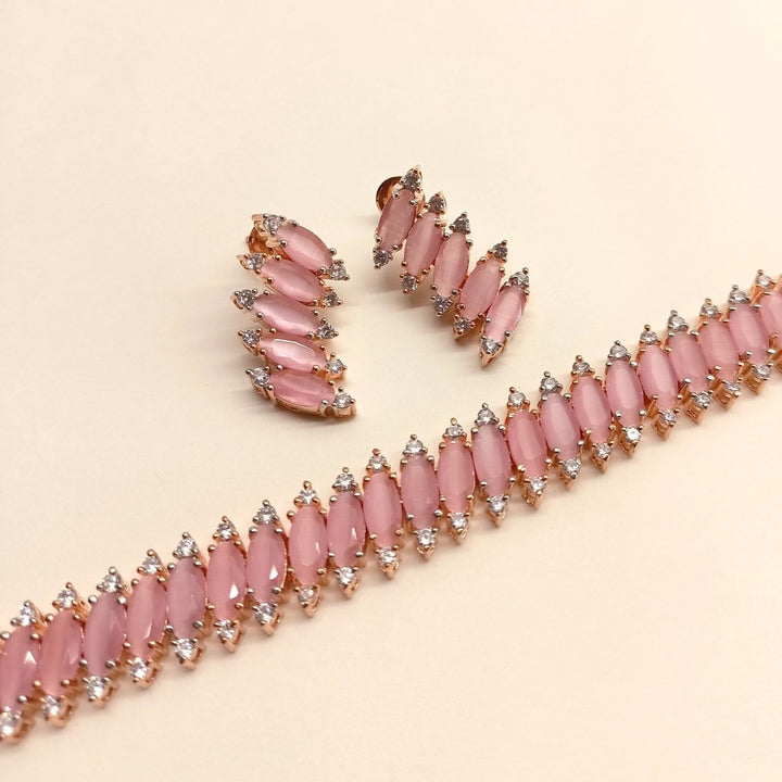 Samaira Pink American Diamond Rose Gold Plated Necklace Set - House of Sarvati LLC