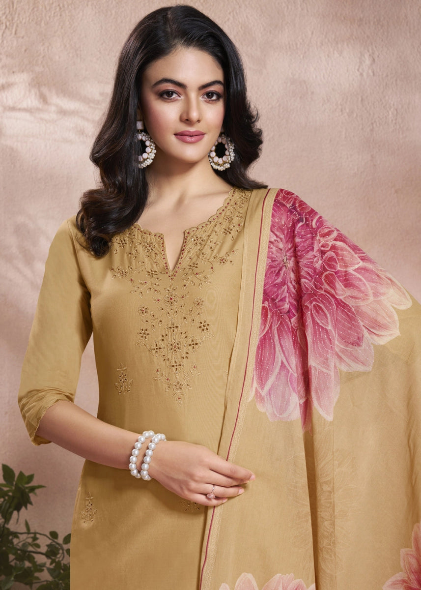 Sand Brown Cotton Suit with Beautiful Floral Threadwork - House of Sarvati LLC