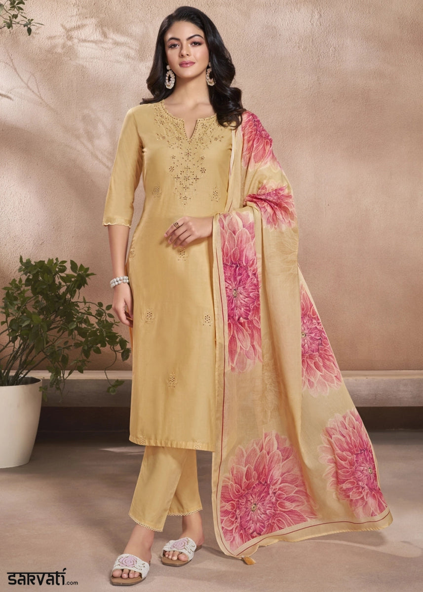 Sand Brown Cotton Suit with Beautiful Floral Threadwork - House of Sarvati LLC