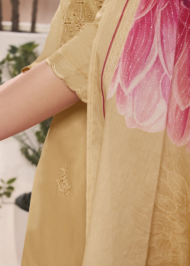 Sand Brown Cotton Suit with Beautiful Floral Threadwork - House of Sarvati LLC