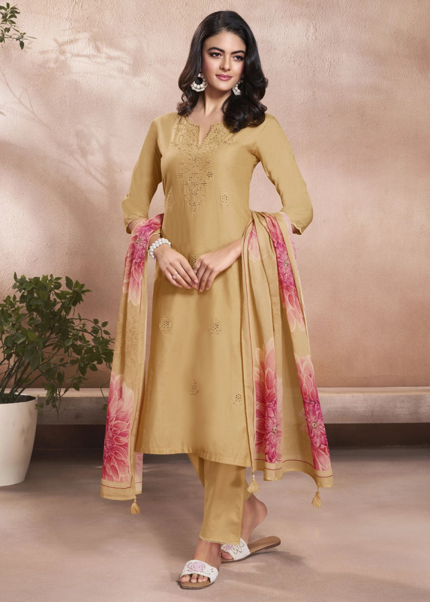 Sand Brown Cotton Suit with Beautiful Floral Threadwork - House of Sarvati LLC