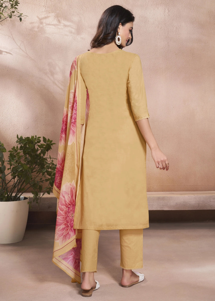 Sand Brown Cotton Suit with Beautiful Floral Threadwork - House of Sarvati LLC