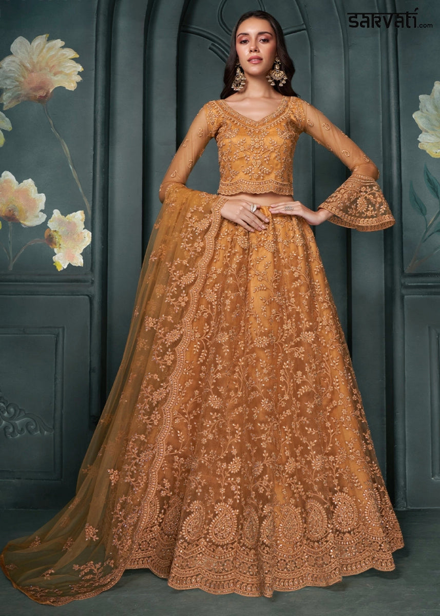 Sandstone Orange Lehenga Choli in Net with Detailed Thread and Stone Embroidery - House of Sarvati LLC