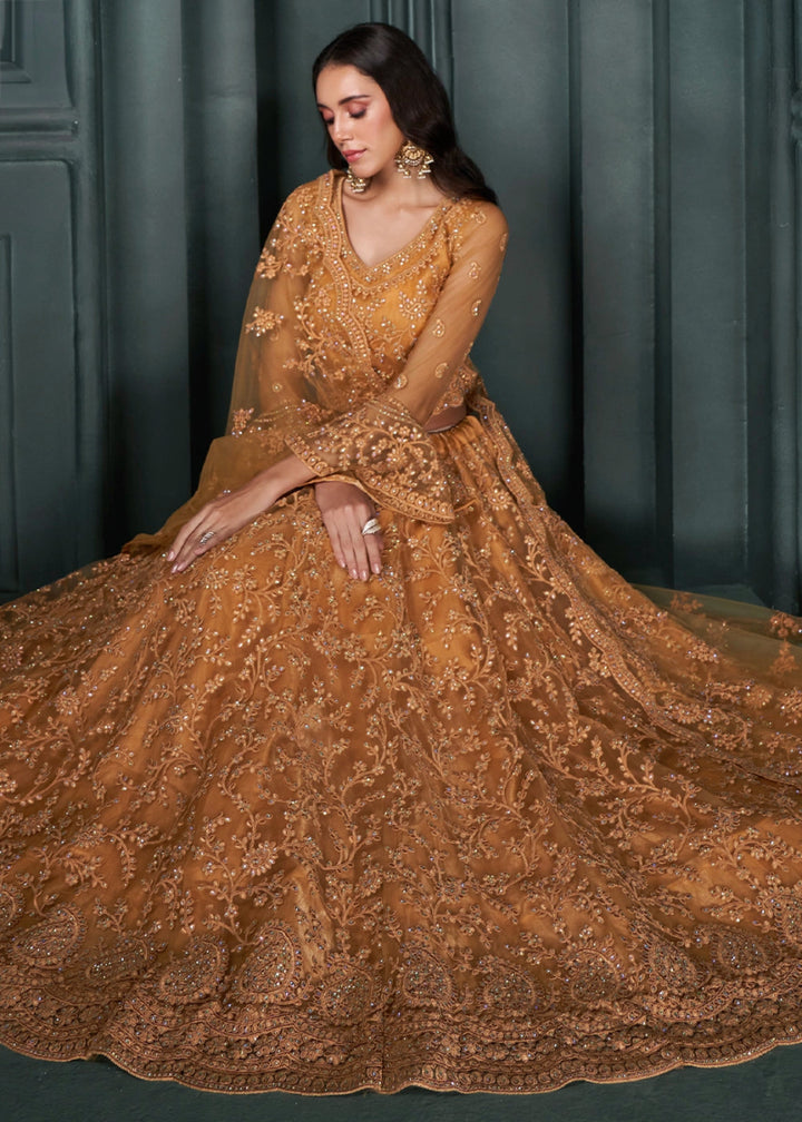 Sandstone Orange Lehenga Choli in Net with Detailed Thread and Stone Embroidery - House of Sarvati LLC