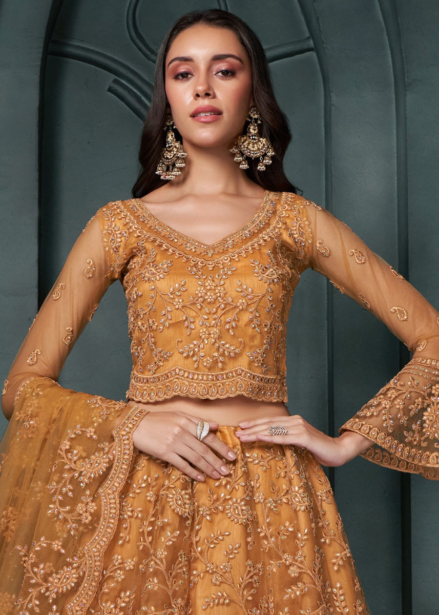 Sandstone Orange Lehenga Choli in Net with Detailed Thread and Stone Embroidery - House of Sarvati LLC