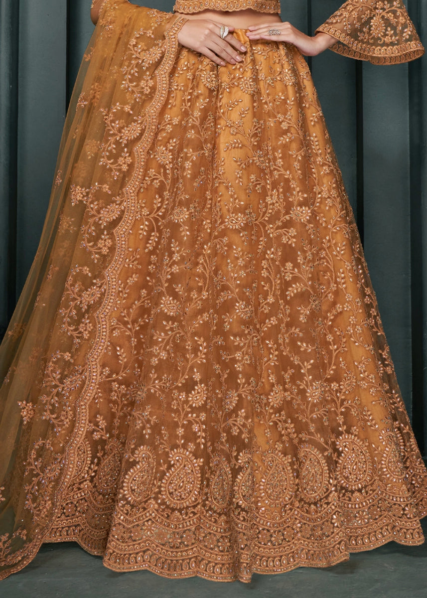 Sandstone Orange Lehenga Choli in Net with Detailed Thread and Stone Embroidery - House of Sarvati LLC