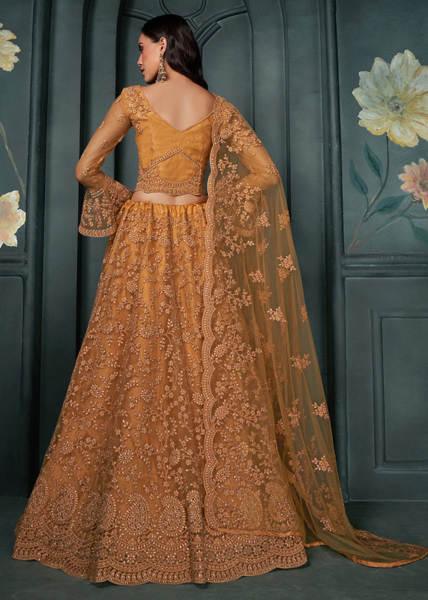 Sandstone Orange Lehenga Choli in Net with Detailed Thread and Stone Embroidery - House of Sarvati LLC