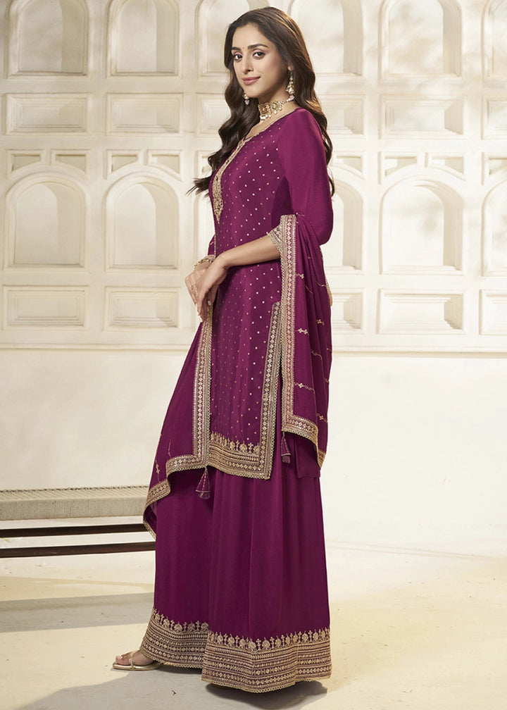 Sangria Purple Embroidered Sharara Suit in Chinon Silk with Jacquard Buttis - House of Sarvati LLC