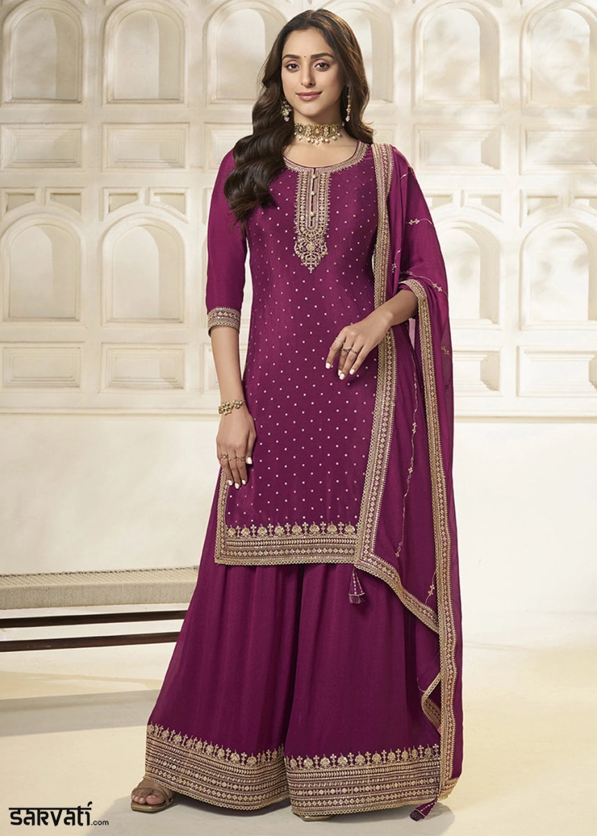 Sangria Purple Embroidered Sharara Suit in Chinon Silk with Jacquard Buttis - House of Sarvati LLC